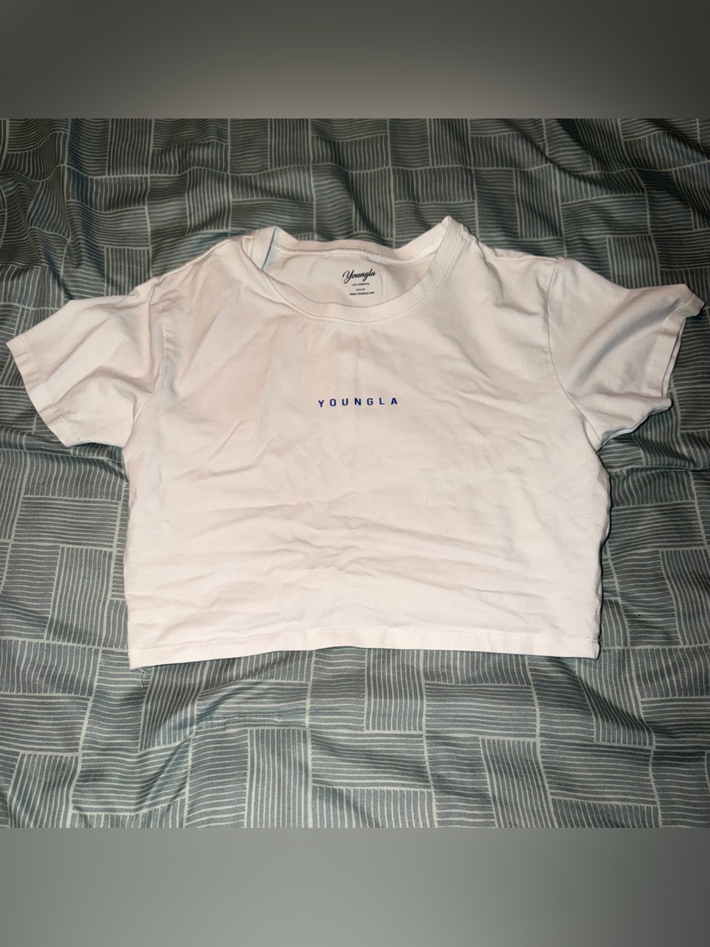 YoungLA White Crop Top with Blue Lettering